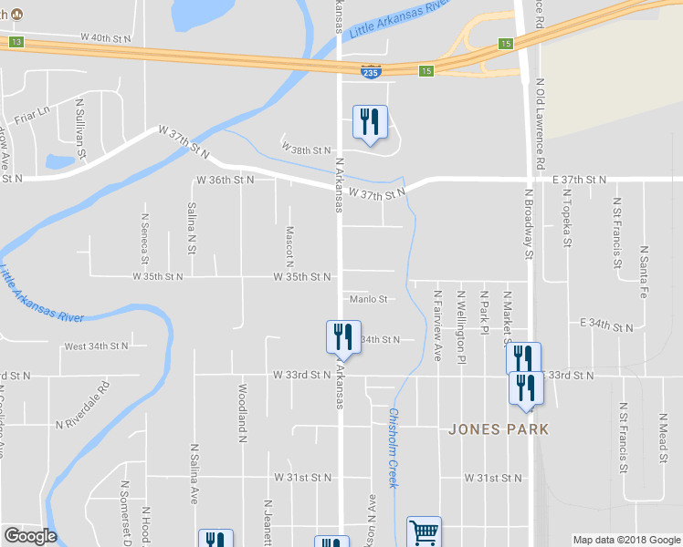 map of restaurants, bars, coffee shops, grocery stores, and more near 3540 North Arkansas in Wichita
