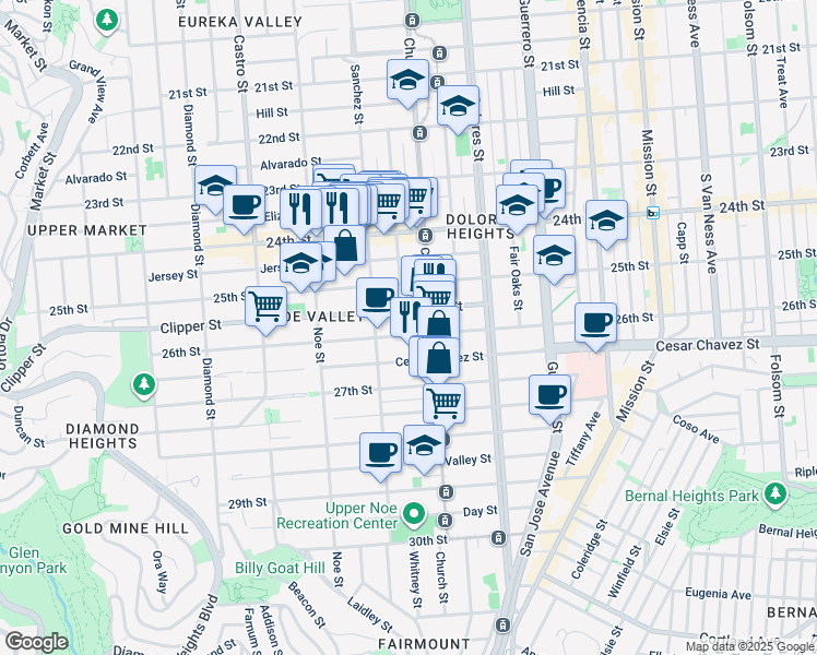 map of restaurants, bars, coffee shops, grocery stores, and more near 155 Clipper Street in San Francisco