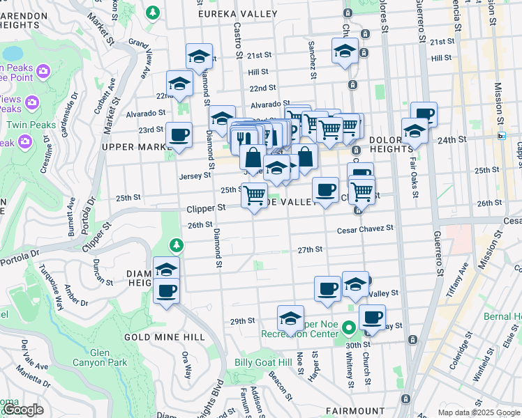 map of restaurants, bars, coffee shops, grocery stores, and more near 359 Clipper Street in San Francisco