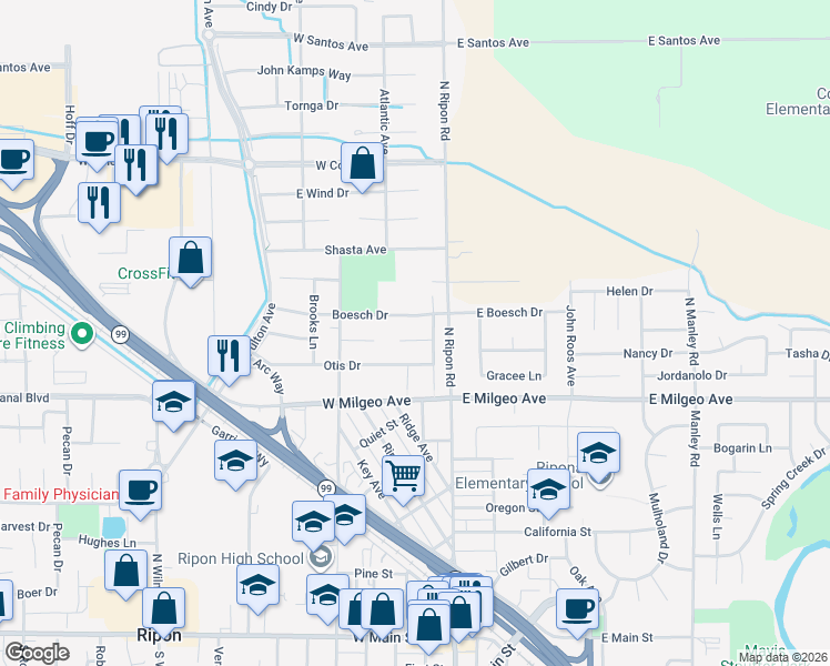 map of restaurants, bars, coffee shops, grocery stores, and more near 210 Boesch Drive in Ripon