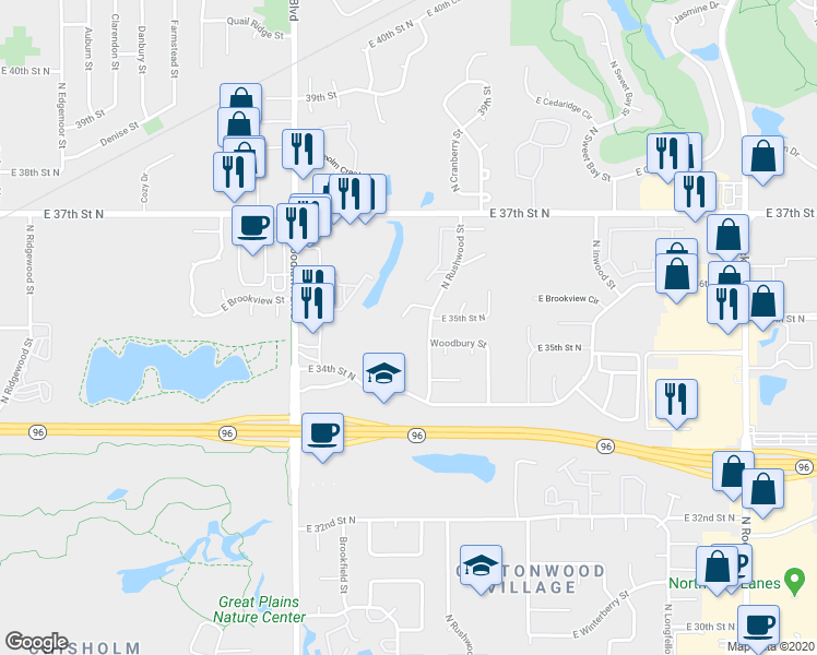 map of restaurants, bars, coffee shops, grocery stores, and more near 3633 North Rushwood Court in Wichita