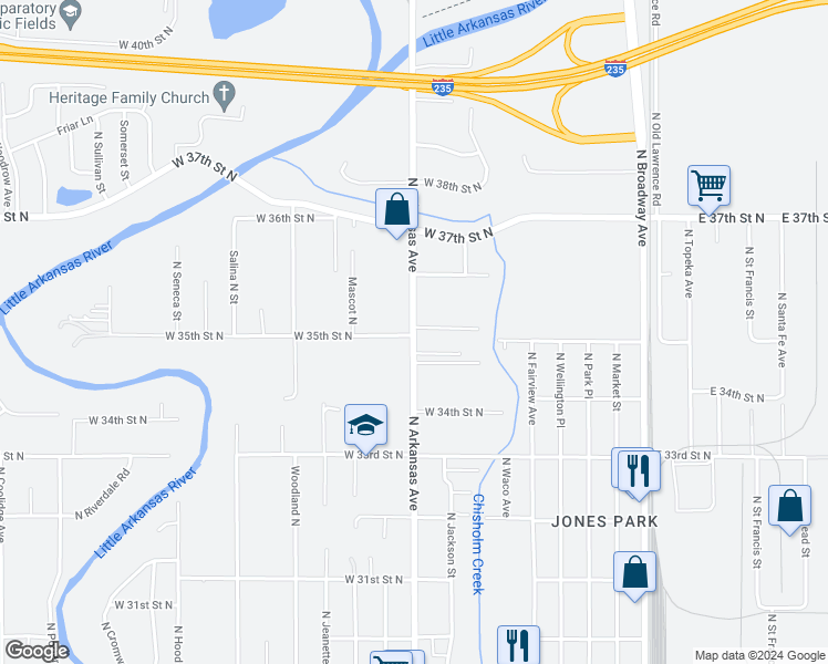 map of restaurants, bars, coffee shops, grocery stores, and more near 3542 North Arkansas in Wichita