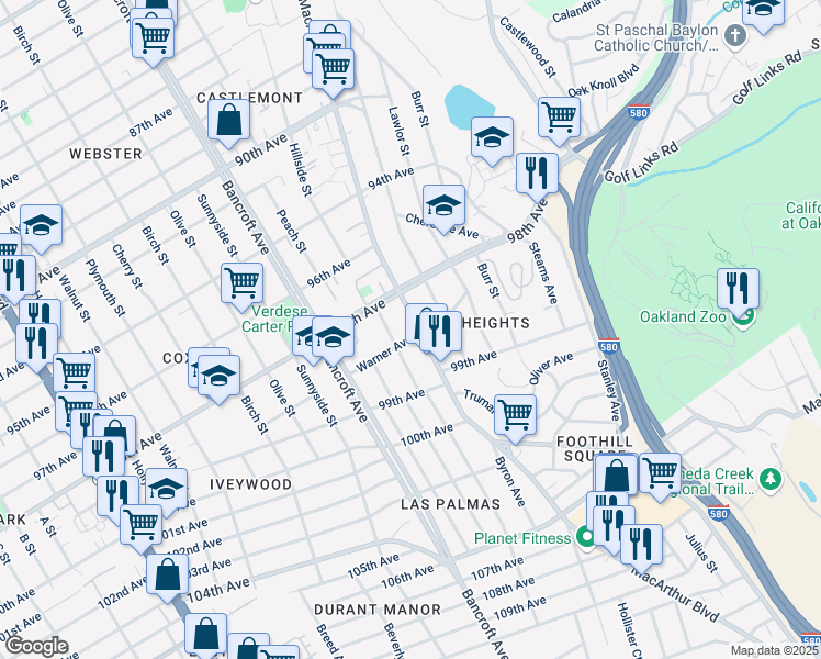 map of restaurants, bars, coffee shops, grocery stores, and more near 9829 MacArthur Boulevard in Oakland