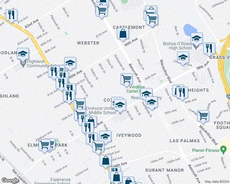 map of restaurants, bars, coffee shops, grocery stores, and more near 9506 Birch Street in Oakland