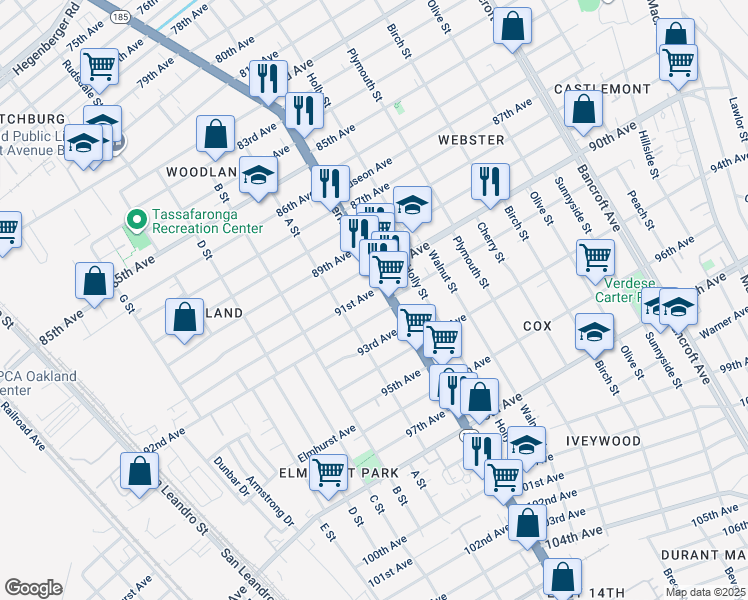 map of restaurants, bars, coffee shops, grocery stores, and more near 1347 91st Avenue in Oakland