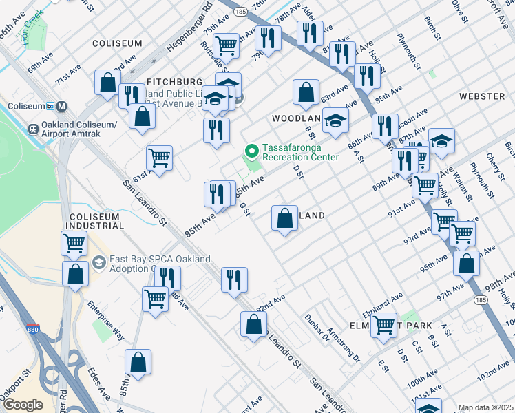 map of restaurants, bars, coffee shops, grocery stores, and more near 948 86th Avenue in Oakland