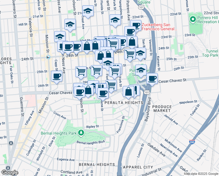 map of restaurants, bars, coffee shops, grocery stores, and more near 2834 Bryant Street in San Francisco