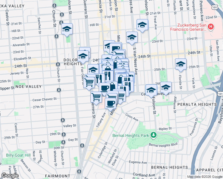 map of restaurants, bars, coffee shops, grocery stores, and more near 496 Bartlett Street in San Francisco