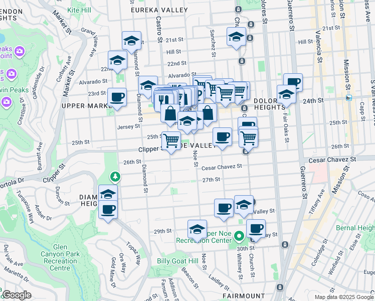 map of restaurants, bars, coffee shops, grocery stores, and more near 359 Clipper Street in San Francisco
