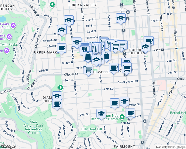 map of restaurants, bars, coffee shops, grocery stores, and more near 359 Clipper Street in San Francisco