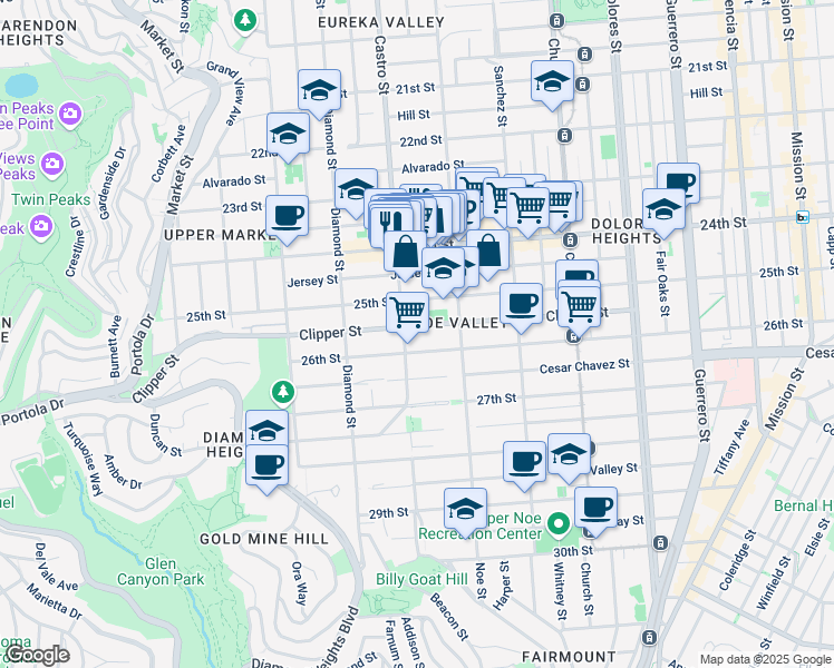 map of restaurants, bars, coffee shops, grocery stores, and more near 359 Clipper Street in San Francisco