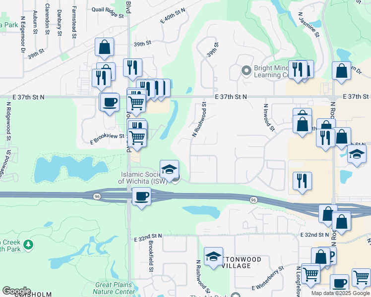 map of restaurants, bars, coffee shops, grocery stores, and more near 3593 North Rushwood Street in Wichita