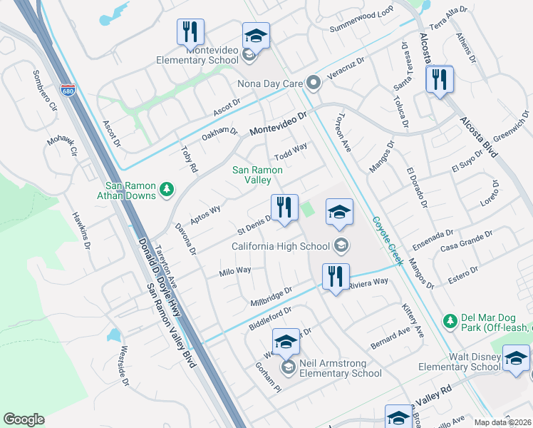 map of restaurants, bars, coffee shops, grocery stores, and more near 2915 Saint Denis Drive in San Ramon