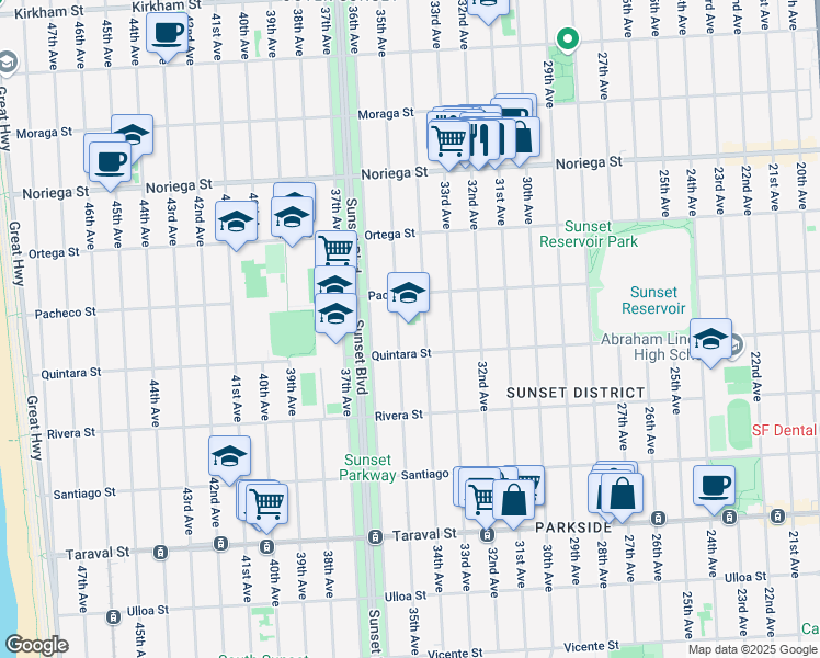 map of restaurants, bars, coffee shops, grocery stores, and more near 2051 34th Avenue in San Francisco