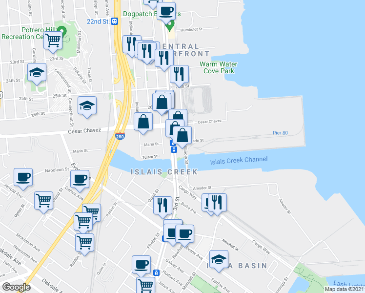 map of restaurants, bars, coffee shops, grocery stores, and more near 1828 Illinois Street in San Francisco