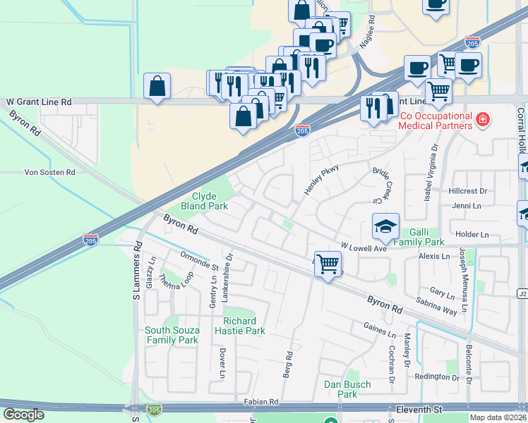 map of restaurants, bars, coffee shops, grocery stores, and more near 2821 Oxford Lane in Tracy