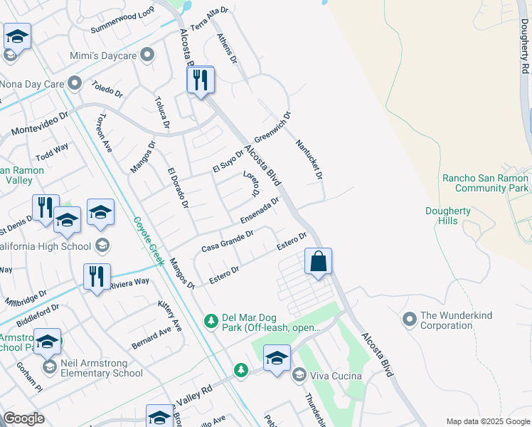 map of restaurants, bars, coffee shops, grocery stores, and more near 3366 Ensenada Drive in San Ramon
