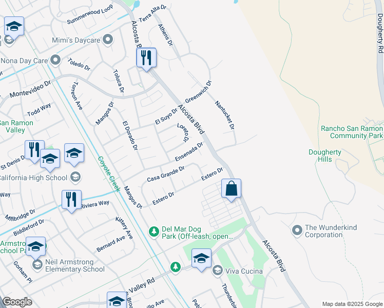 map of restaurants, bars, coffee shops, grocery stores, and more near 3366 Ensenada Drive in San Ramon