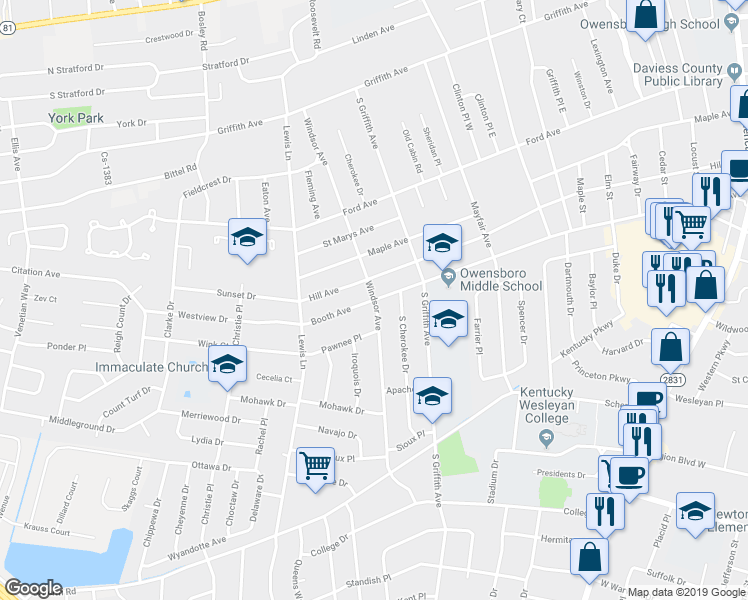map of restaurants, bars, coffee shops, grocery stores, and more near 2400 Windsor Avenue in Owensboro