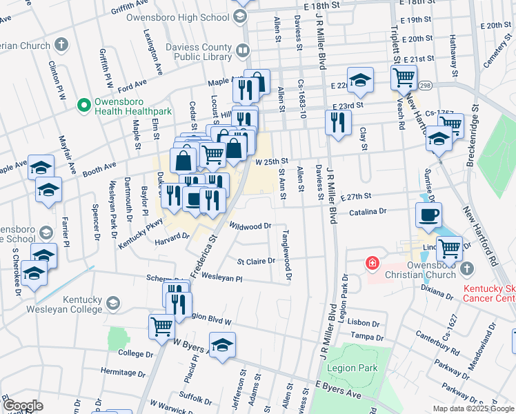 map of restaurants, bars, coffee shops, grocery stores, and more near 2701 Frederica Street in Owensboro