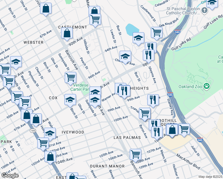 map of restaurants, bars, coffee shops, grocery stores, and more near 9826 Elmar Avenue in Oakland