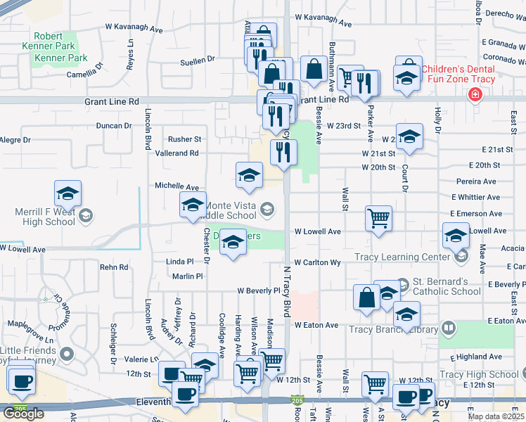 map of restaurants, bars, coffee shops, grocery stores, and more near 751 West Lowell Avenue in Tracy