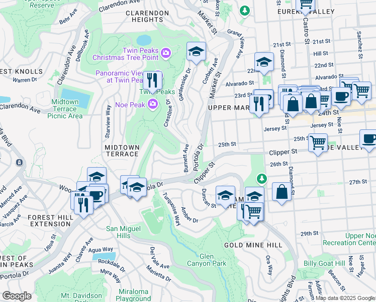 map of restaurants, bars, coffee shops, grocery stores, and more near 850 Burnett Avenue in San Francisco