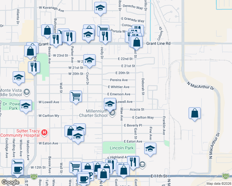 map of restaurants, bars, coffee shops, grocery stores, and more near 125 East Emerson Avenue in Tracy
