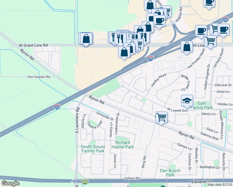 map of restaurants, bars, coffee shops, grocery stores, and more near 2973 Rugby Court in Tracy