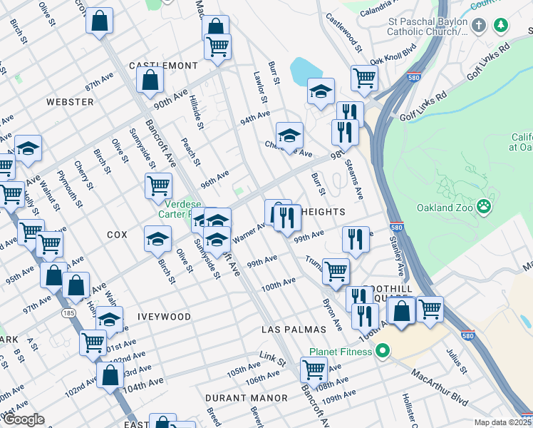 map of restaurants, bars, coffee shops, grocery stores, and more near 9849 MacArthur Boulevard in Oakland
