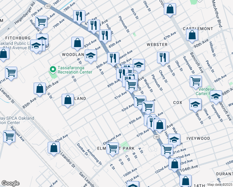 map of restaurants, bars, coffee shops, grocery stores, and more near 8935 A Street in Oakland