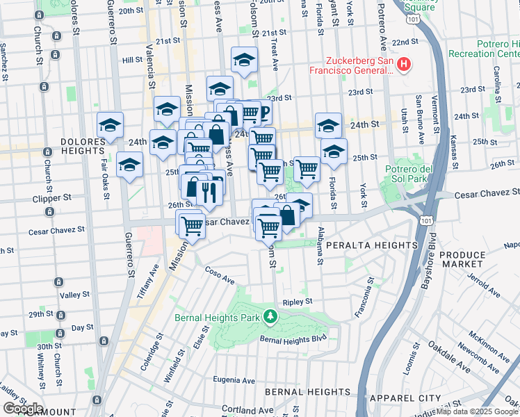 map of restaurants, bars, coffee shops, grocery stores, and more near 3251-3255 26th Street in San Francisco