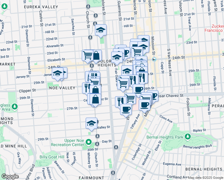 map of restaurants, bars, coffee shops, grocery stores, and more near 476 Fair Oaks Street in San Francisco
