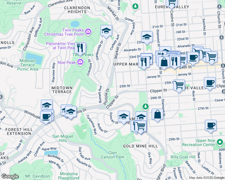 map of restaurants, bars, coffee shops, grocery stores, and more near 11 High Street in San Francisco