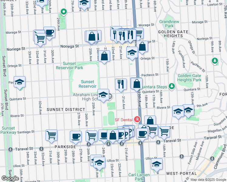 map of restaurants, bars, coffee shops, grocery stores, and more near 2075 22nd Avenue in San Francisco