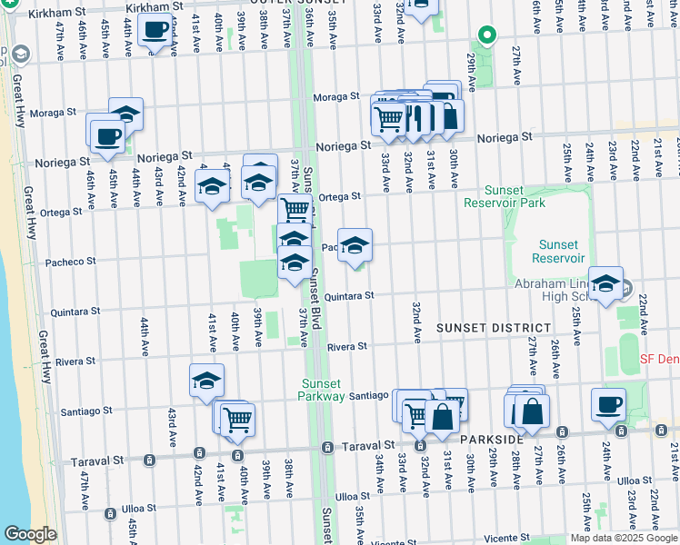 map of restaurants, bars, coffee shops, grocery stores, and more near 2051 34th Avenue in San Francisco