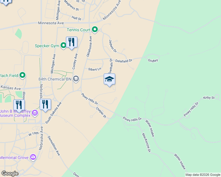 map of restaurants, bars, coffee shops, grocery stores, and more near 15392 Thayer Road in Fort Leonard Wood