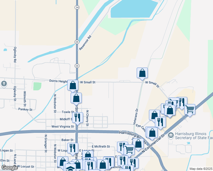 map of restaurants, bars, coffee shops, grocery stores, and more near 414 West Small Street in Harrisburg