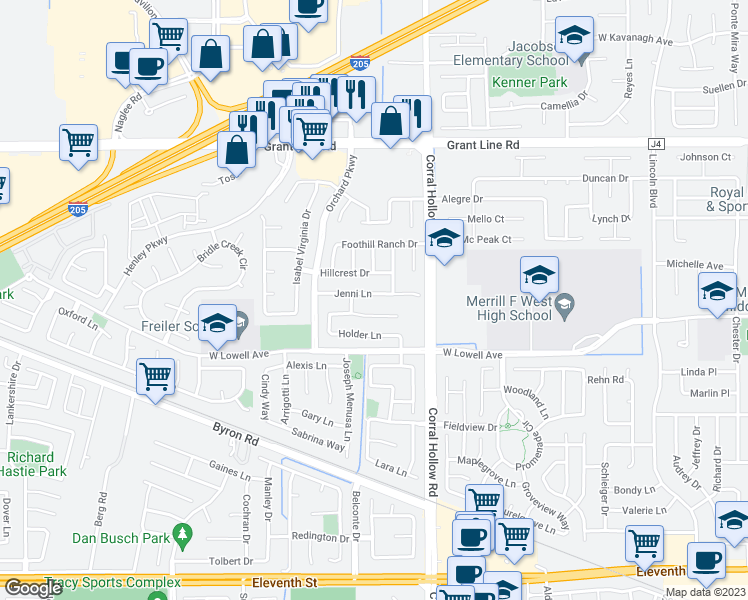 map of restaurants, bars, coffee shops, grocery stores, and more near 2120 Jenni Lane in Tracy