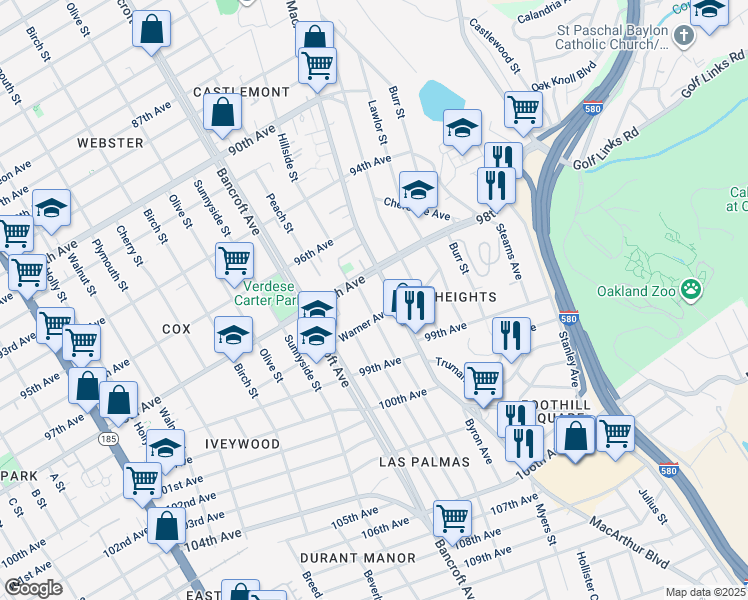 map of restaurants, bars, coffee shops, grocery stores, and more near 9826 Elmar Avenue in Oakland