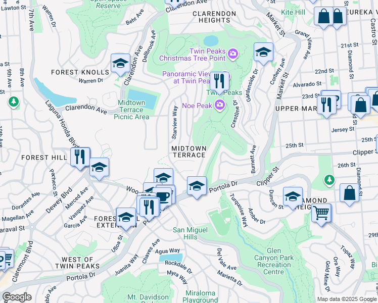 map of restaurants, bars, coffee shops, grocery stores, and more near 2 Skyview Way in San Francisco