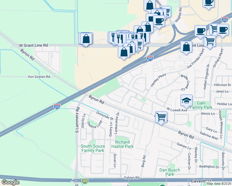map of restaurants, bars, coffee shops, grocery stores, and more near 2973 Rugby Court in Tracy