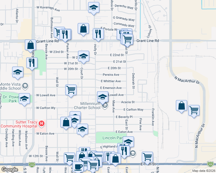 map of restaurants, bars, coffee shops, grocery stores, and more near 125 East Emerson Avenue in Tracy