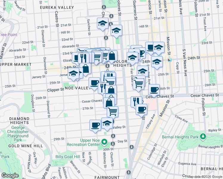 map of restaurants, bars, coffee shops, grocery stores, and more near 1379 Church Street in San Francisco