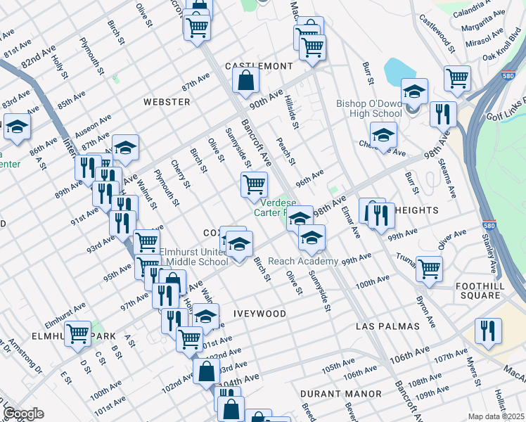 map of restaurants, bars, coffee shops, grocery stores, and more near 2020 96th Avenue in Oakland
