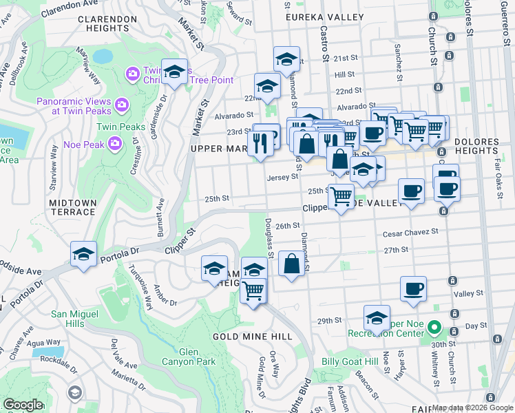map of restaurants, bars, coffee shops, grocery stores, and more near 610-660 Clipper Street in San Francisco