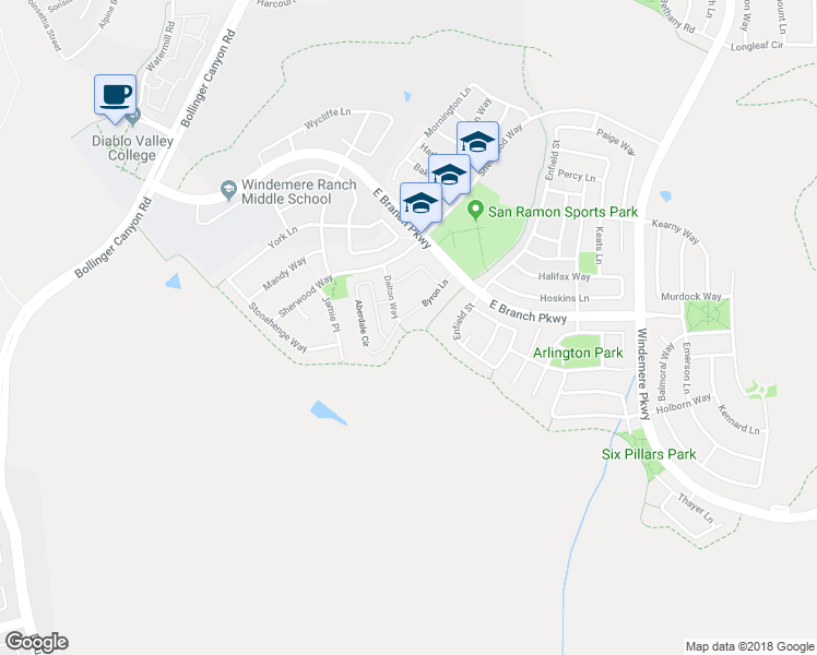 map of restaurants, bars, coffee shops, grocery stores, and more near 6395 Byron Lane in San Ramon