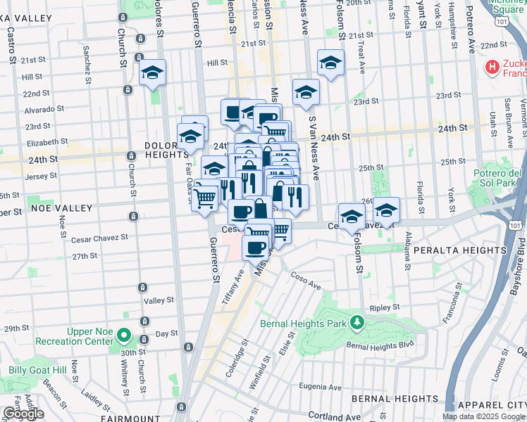 map of restaurants, bars, coffee shops, grocery stores, and more near 500 Bartlett Street in San Francisco