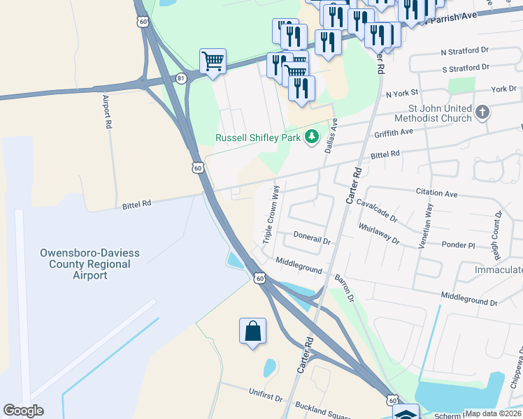map of restaurants, bars, coffee shops, grocery stores, and more near 2936 Silver Charm Cove in Owensboro