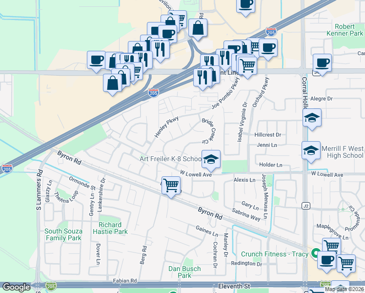 map of restaurants, bars, coffee shops, grocery stores, and more near 1851 Bridle Creek Circle in Tracy